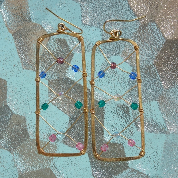 Golden Age Handcrafted Artisan Beaded Colorful Rectangle Big Statement Earrings - Picture 8 of 8